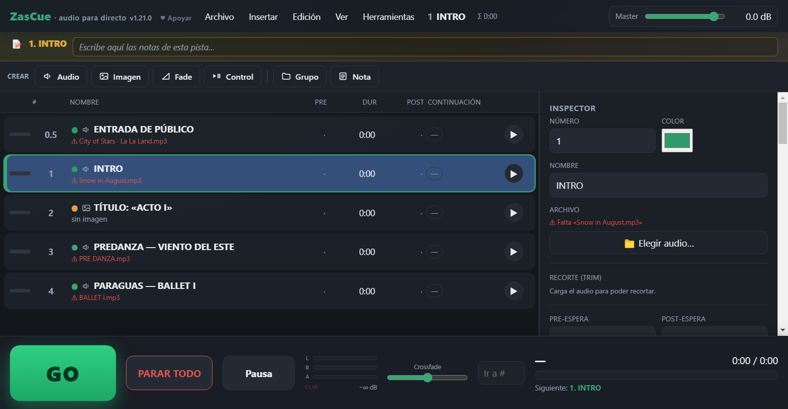 ZasCue running on Windows: cue list, inspector and GO button